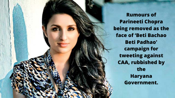 Rumours of Parineeti Chopra being removed as the face of ‘Beti Bachao Beti Padhao' campaign for tweeting against CAA, rubbished by the Haryana Government.