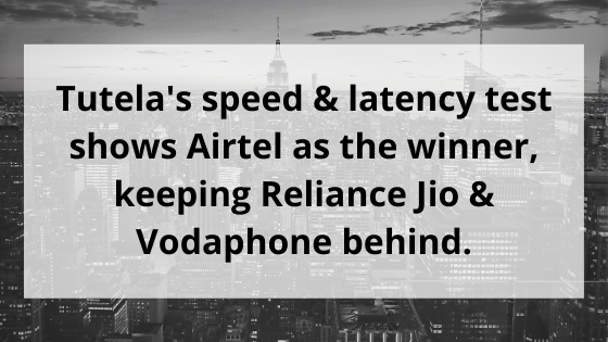 Tutela's speed & latency test shows Airtel as the winner, keeping Reliance Jio & Vodaphone behind.