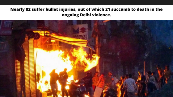 Nearly 82 suffer bullet injuries, out of which 21 succumb to death in the ongoing Delhi violence.