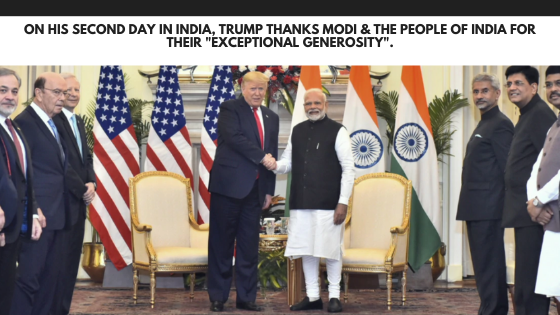 On his second day in India, Trump thanks Modi & the people of India for their "exceptional generosity".