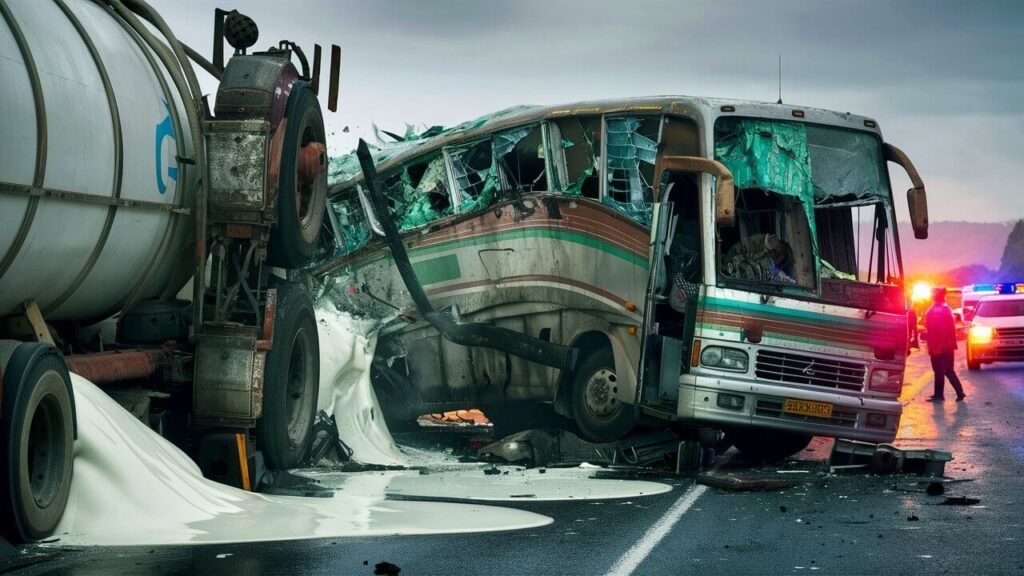 sleeper bus rammed into a milk tanker